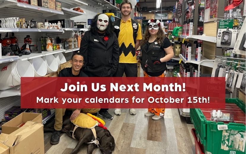 Join us (5) hardware store employees dressed up for Halloween