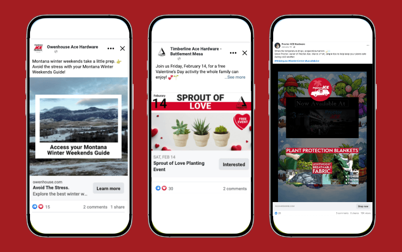 Three smartphone mockups displayed against a red background, each showing different Ace Hardware social media ads featuring seasonal promotions and events.